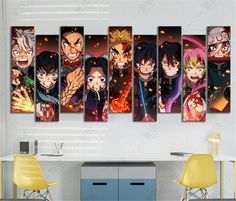 five anime characters hanging on the wall in an office space with chairs and a table