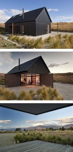 three different views of a house in the middle of an open field with grass and bushes