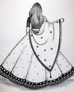 a black and white drawing of a woman in a dress