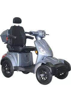 a silver scooter is parked on a white surface with black wheels and seat