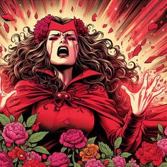 a woman with long hair wearing a red cape and surrounded by flowers