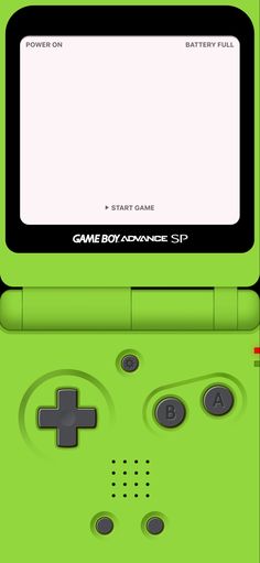 a green nintendo game boy advance is shown in front of a white screen and black buttons