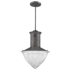 a light fixture hanging from the ceiling with an old fashioned glass shade and metal finish