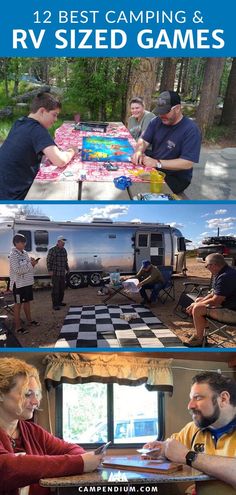 four different pictures with people playing games and camping