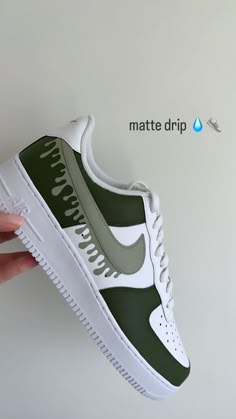 Hand painted AF1 Matte green custom color block Matte drip 3-4 week turnaround time All art work is sealed for longevity Custom Air Force 1 Green, Green Custom Shoes, Hand Painted Nikes, Paint Nike Shoes Diy, Custom Painted Nikes, Shoe Painting Ideas Nike, Af1 Custom Ideas, Paint Shoes Ideas, Custom Af1 Ideas