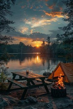 a campfire next to a picnic table with a tent on it