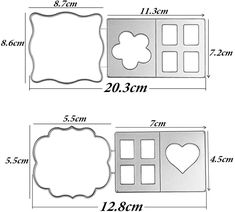 two sizes of dies with the measurements for each cutout, and an image of a