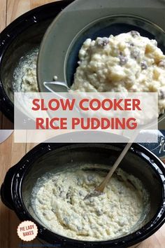 slow cooker rice pudding in a crock pot with the words slow cooker rice pudding