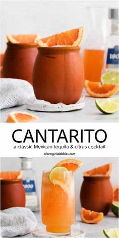 an orange drink in a glass with the text cantarto on top and below it