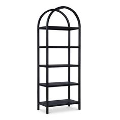 a black shelf with three shelves on each side and an arched design at the top