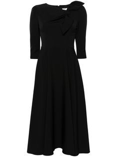 black stretch-design round neck bow detailing three-quarter length sleeves flared skirt unlined concealed rear zip fastening Cocktail A-line Midi Dress With Bow, Elegant Workwear Dress, 3/4 Length, Black Midi Dress With Bow For Evening, Black Bow Midi Dress For Evening, Chic 3/4 Length Midi Dress For Formal Events, Chic 3/4 Length Midi Dress For Formal Occasions, Elegant 3/4 Length Workwear Dresses, Elegant 3/4 Length Work Dress, Elegant 3/4 Length Dress For Work