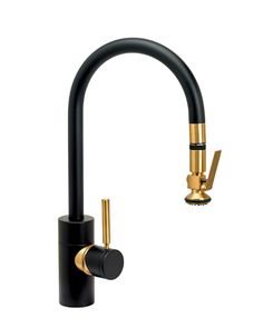 a black and gold kitchen faucet with brass spouting on the side