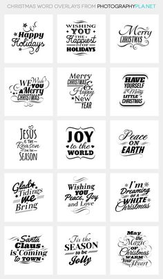 twelve christmas hand lettering styles for photoshopping and web design, all in black and white