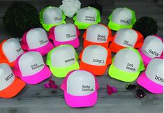 Custom Neon Party Hats, Bachelor Party Hat, Crew Hat, Personalized Team Crew, Totally Customizable Trucker Cap, Pool Party, Beach Vacation How to Place an Order 1.  Review Product Images: Please examine and review the product photos provided 2.  Select Hat Color: Choose your preferred color for the hat  3. Choose Design: Select your font style 4. Personalize Your Hat: Add your personalization details 5. Add to Cart: Click "Add To Cart" to proceed 6. Continue Shopping: Feel free to go back to add more products or proceed to checkout  Product Description: Our hats combine style and comfort seamlessly. Each hat is meticulously crafted with a 100% polyester front and mesh back, ensuring a classic yet breathable feel. Designed in the traditional 5-panel cap structure, our hats feature a seamles Fun Summer Party Mini Hats, Fun Pink Costume Hats And Headpieces For Summer, Pink Summer Costume Hats And Headpieces, Fun Summer Party Trucker Hat, Novelty Summer Party Hats, White Snapback Party Hat, White Trucker Baseball Cap For Party, Adjustable Pink Party Supplies For Summer, White Snapback Hat For Party