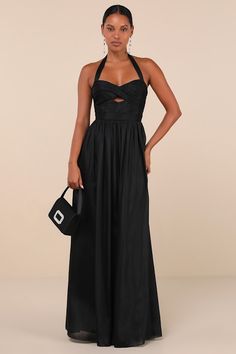 We have a feeling that you'll leave everyone in awe wherever you go in the Lulus Marvelous Impression Black Pleated Halter Cutout Maxi Dress! Airy woven fabric shapes this lovely dress that features a sleeveless pleated bodice with an overlapping-like design and a flirty keyhole cutout at the center, along with a trendy halter neckline (with button-loop closures at back). The high, fitted waist sits atop a whimsically flowy A-line skirt that cascades down to a sweeping maxi hem with a flirty sid Black Bridesmaids, Halter Neck Maxi Dress, Cutout Maxi Dress, Dress Pleated, Bridal Party Dresses, Engagement Outfits, Pleated Bodice, Dreamy Dress, Bridesmaid Gown