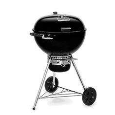 a black bbq grill with wheels on it's side and the lid open