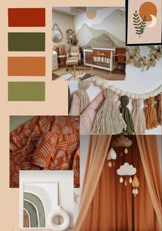 an orange and green color scheme for a baby's room with cribs, curtains