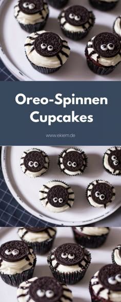 oreo - sprinkled cupcakes with white frosting and spider decorations