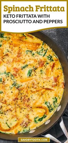 spinach frittata with prosciutto and peppers in a skillet