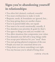 a pink poster with the words signs you're abandoning yourself in relationships