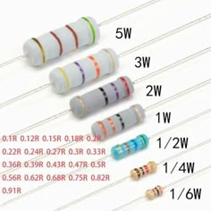 four different sizes and colors of wires on a white surface with numbers in the middle