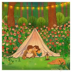 an illustration of two people sitting in front of a tent with flowers on the ground