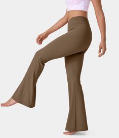 High Waist Brown Yoga Pants, Brown High Waist Fitted Yoga Pants, Brown Fitted High Waist Yoga Pants, Versatile Fitted Brown Pants, Flare Leggings, Bell Bottom, Fashion Line, Back Pocket, Falling Down