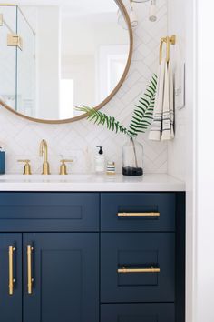 a bathroom vanity with blue cabinets and gold pulls on the mirror above it is a fern plant