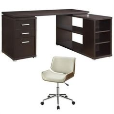 an office desk with two drawers and a chair