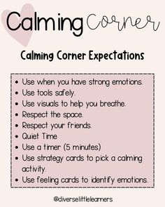 a pink poster with the words calming corner