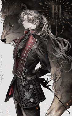 a drawing of a woman and a wolf