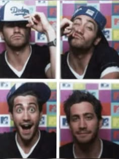 four different pictures of a man making funny faces with his hat on and tongue out