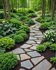 a stone path in the middle of a forest filled with green plants and white flowers