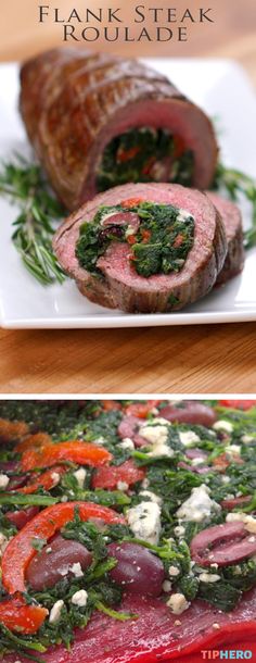 steak with spinach and feta cheese is shown in two different pictures, one on the