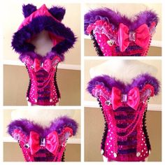 four different views of a corset with purple and pink fur trims on it