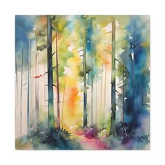 watercolor painting of trees in the woods