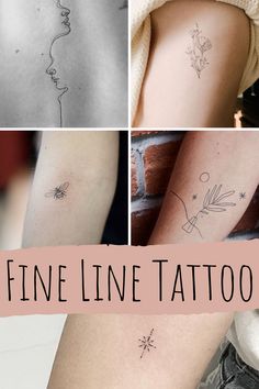 four different tattoos with the words fine line tattoo on them