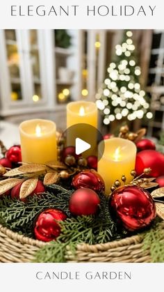 candles and ornaments in a basket with the words elegant holiday