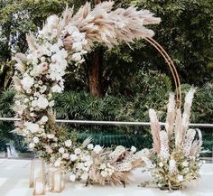 a wedding arch decorated with white flowers and pamodia in front of a pool