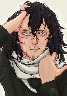 a drawing of a man with long black hair and glasses wearing a scarf around his neck