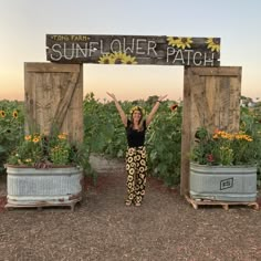 a woman standing in front of a sunflower patch sign with her arms raised up