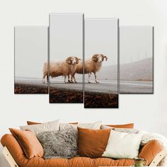 three sheep standing on the side of a road with mountains in the background canvas wall art print