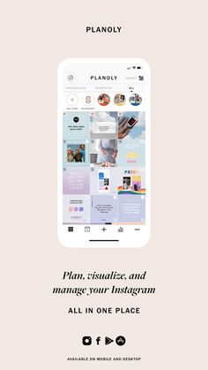 an iphone with the text plan, visualize and manage your instagram all in one place