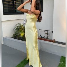 Worn Once. Yellow Dress For Events . Stain Material Yellow Silk Wedding Maxi Dress, Yellow Silk Vacation Dress, Luxury Yellow Silk Maxi Dress, Yellow Silk Dress, Revolve Yellow Mini Dress, Revolve Dress, Yellow Tropical V-neck Maxi Dress, Silk Yellow Dress, Dresses Revolve