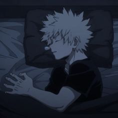 an anime character laying in bed with his head on the pillow and looking at something