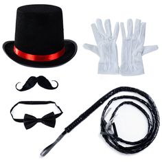 an assortment of costume accessories including a top hat, cane and gloves