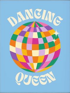 the dancing queen logo is shown in multicolored squares on a light blue background