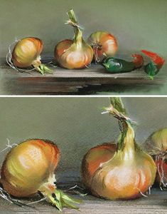 two paintings of onions and peppers on a plate with one being peeled off the other