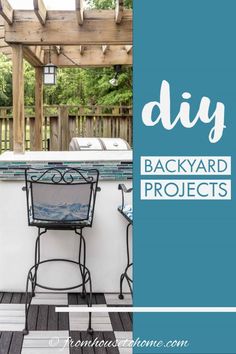 an outdoor kitchen and bar with the words diy backyard projects on it's side