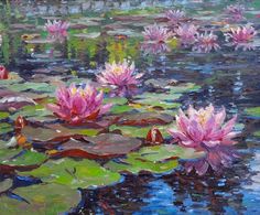 a painting of pink water lilies in a pond